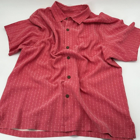 Tommy Bahama Camp Shirt Men Large Dimensional Diamond Pink 100% Silk Short Sleev - Picture 1 of 8